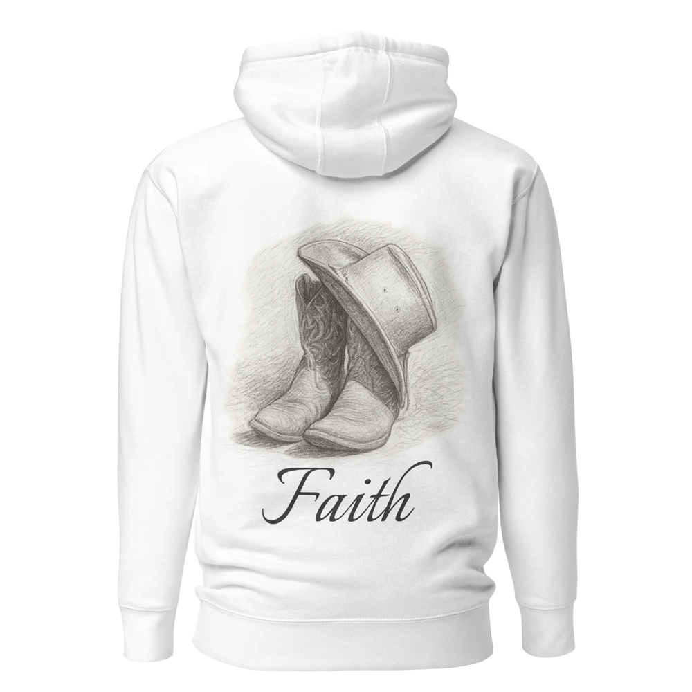Faith White Hoodie with Western Design Cowboy Boots And Hat